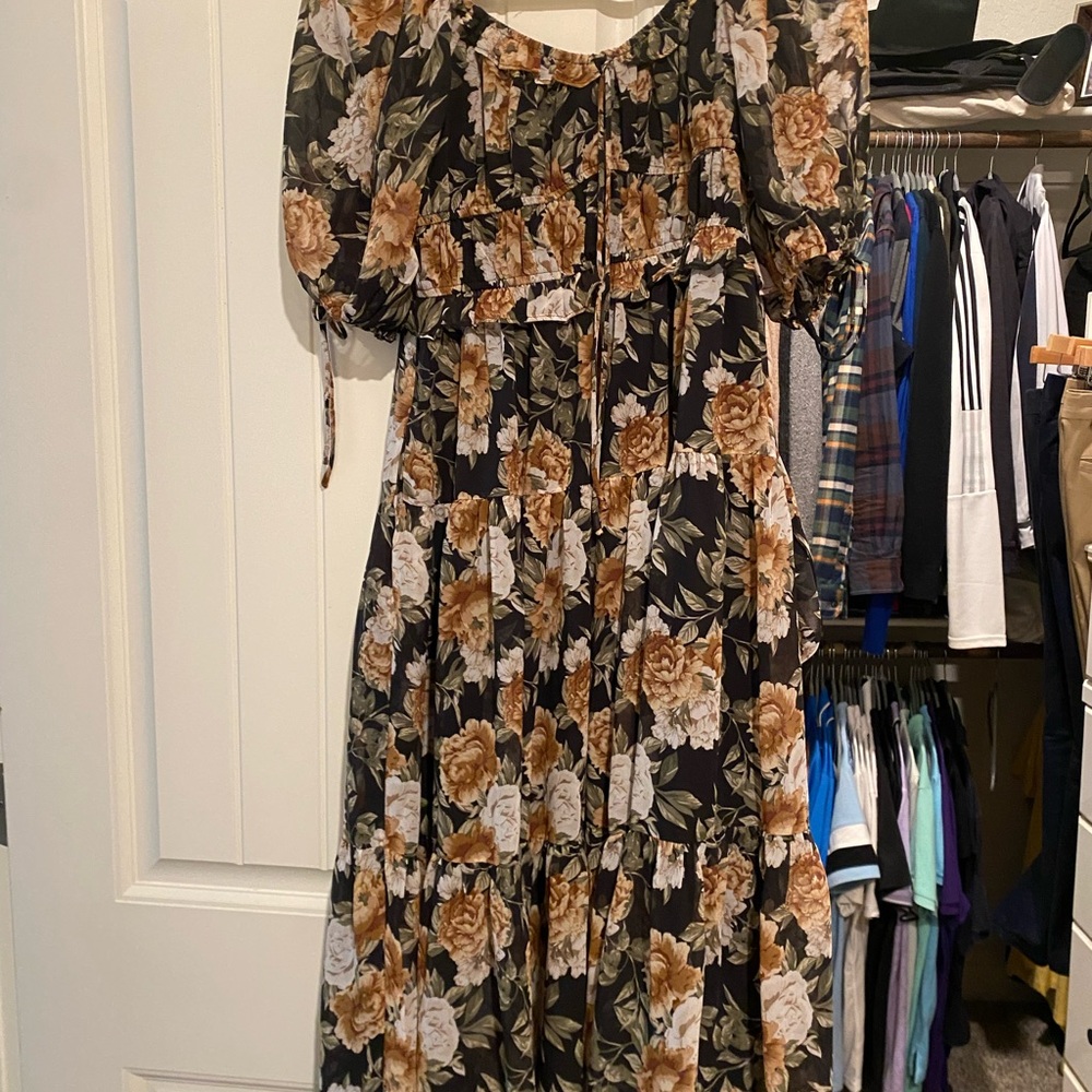 En Saison Brown and Tan Smocked Maxi Dress with Puff Sleeves